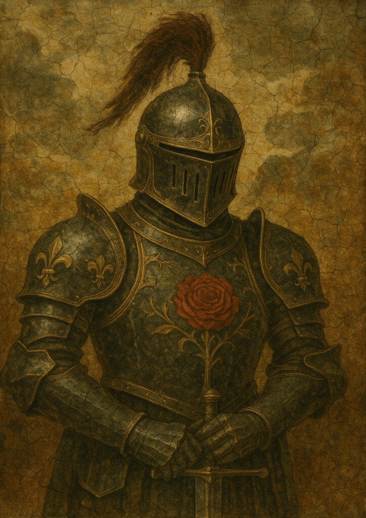 Medieval knight fresco style artwork, aged plaster wall texture, historic knight illustration inspired by medieval fresco painting