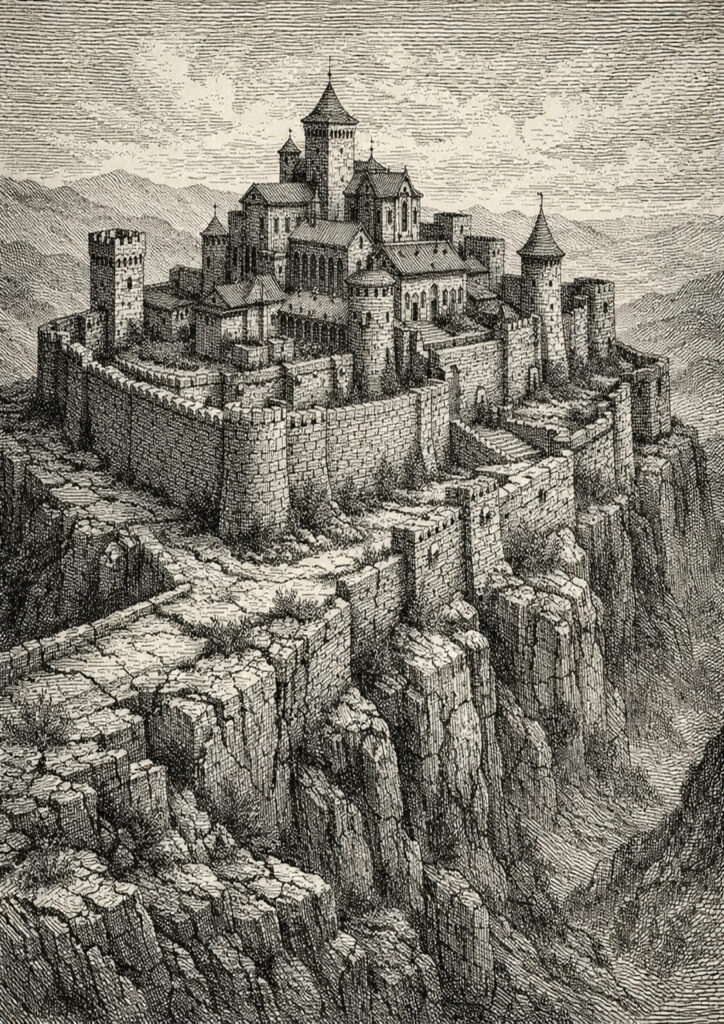 ruins landscape sketch illustration with ruined city