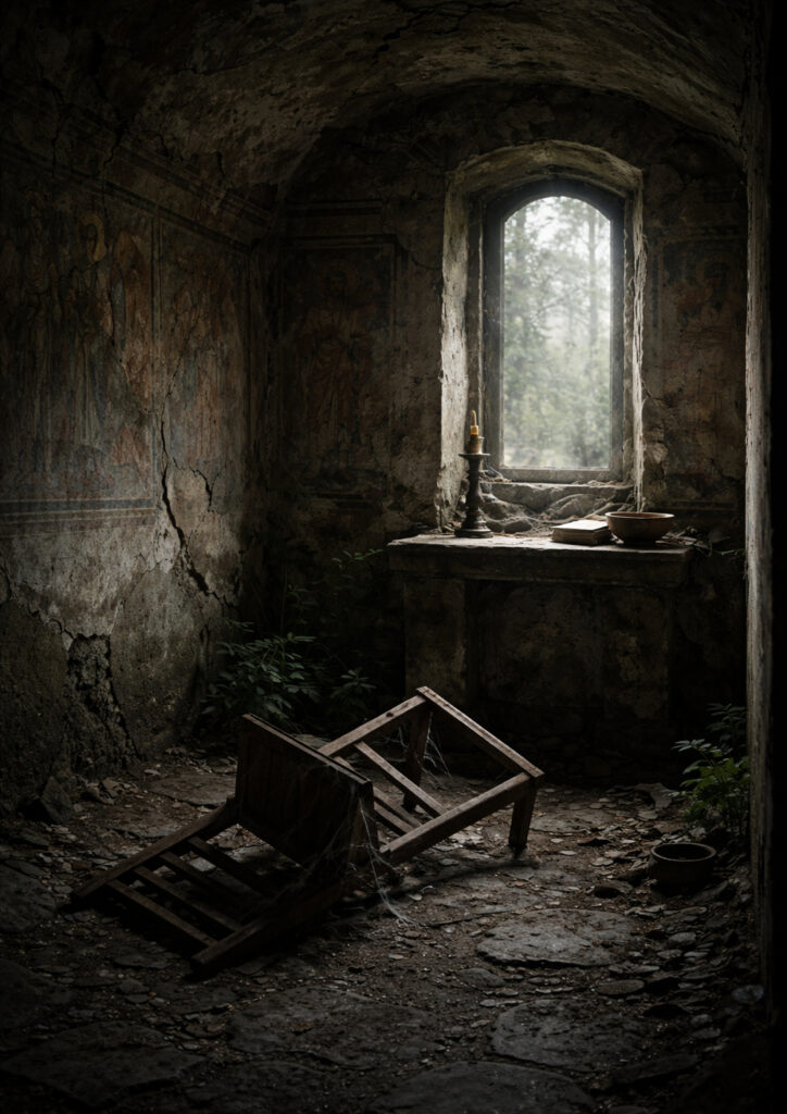 photorealistic ruins landscape showing ancient decay