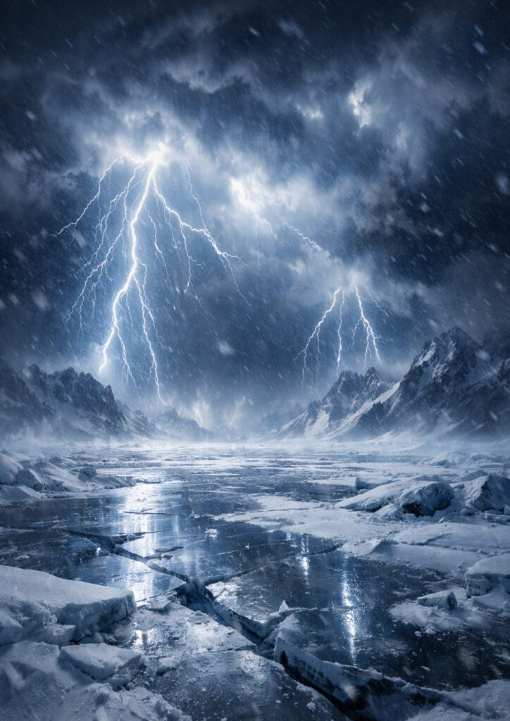 storm landscape with lightning and dramatic sky