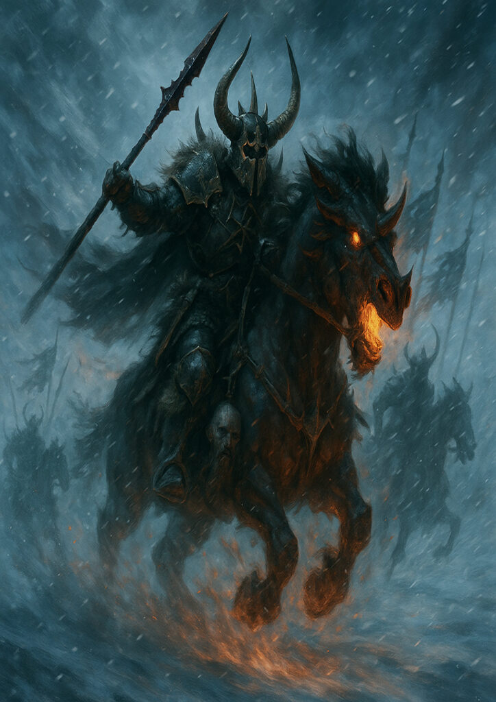 Epic warhammer inspired chaos warriors battlefield scene