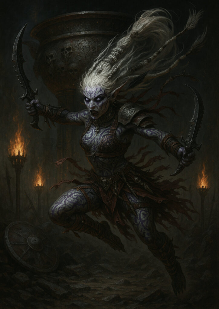 Elite dark elf warrior in warhammer inspired armor