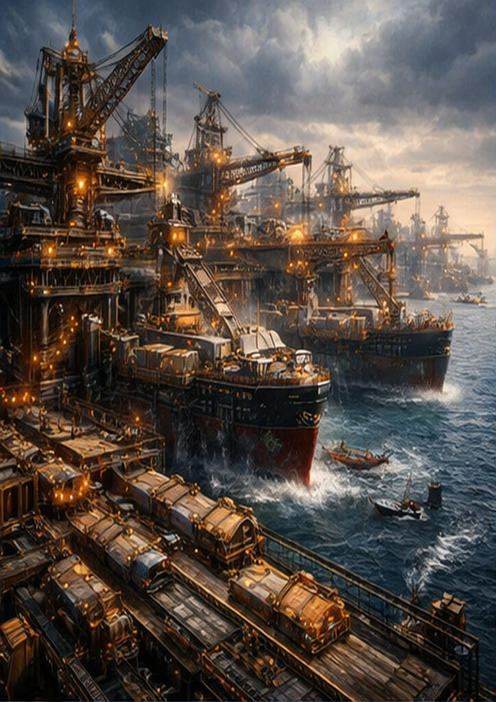 Steampunk landscape illustration featuring vast industrial architecture integrated into a mechanical world.