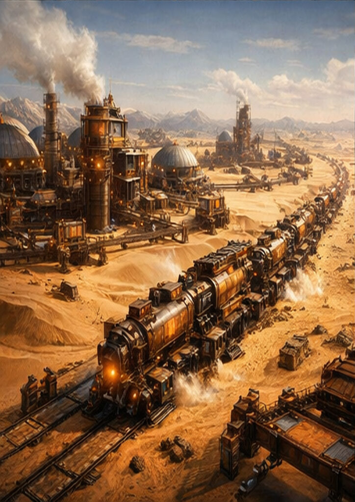 Atmospheric steampunk landscape illustration showing an expansive world driven by steam-powered innovation.