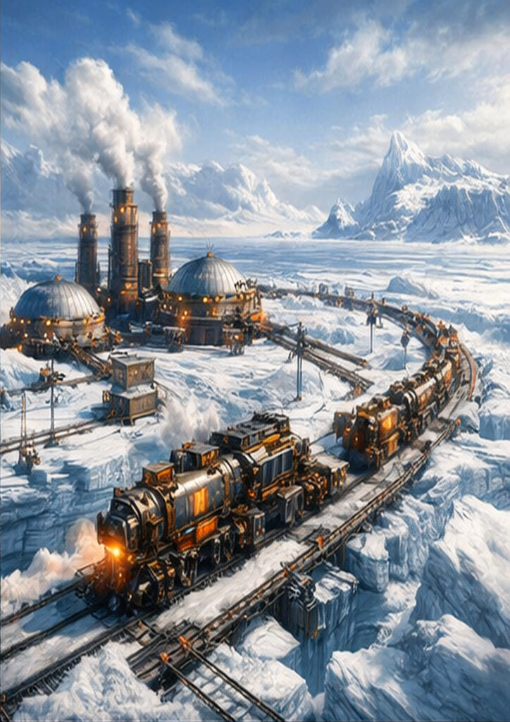 Atmospheric steampunk landscape illustration showing an expansive world driven by steam-powered innovation.