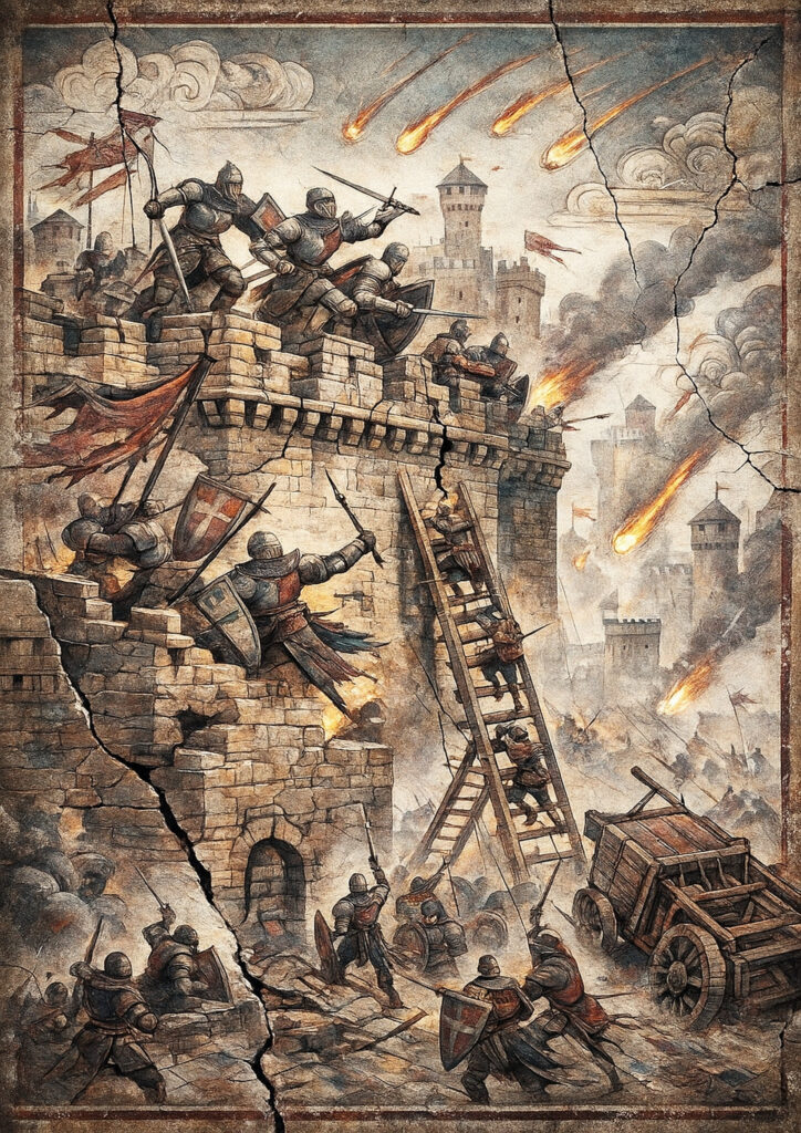 Medieval wall fresco art, antique hand-painted mural style, authentic historic texture and colors