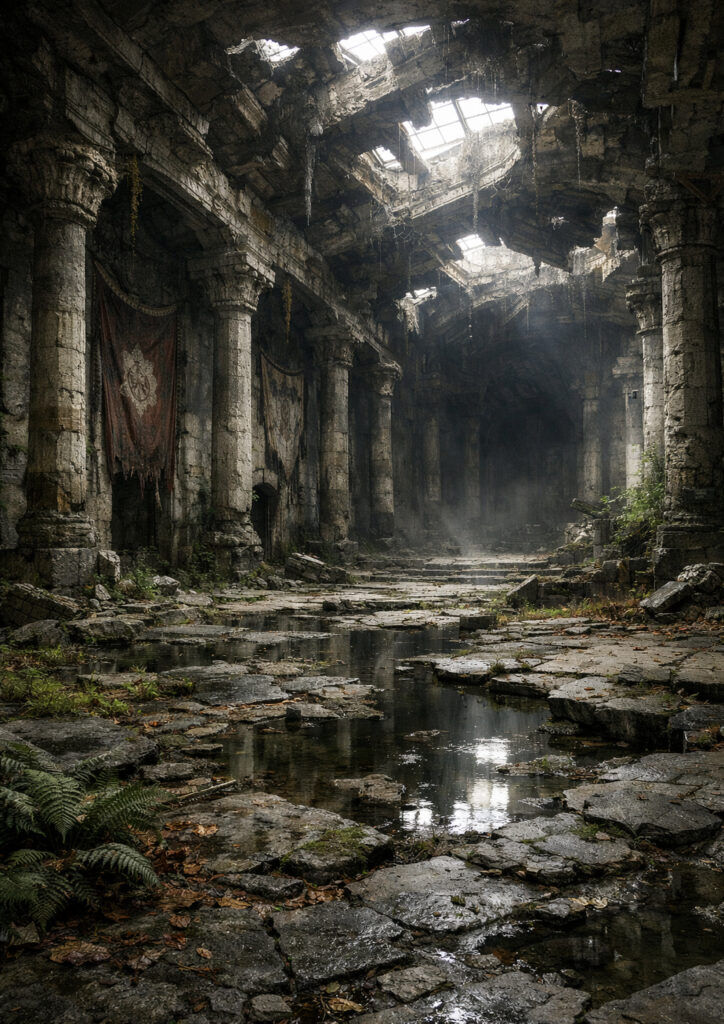 photorealistic ruins landscape with abandoned structures