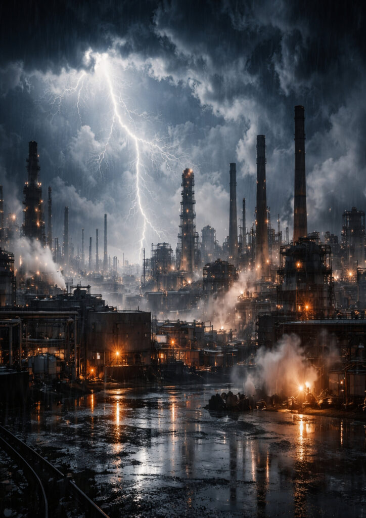 storm landscape with lightning and dramatic sky