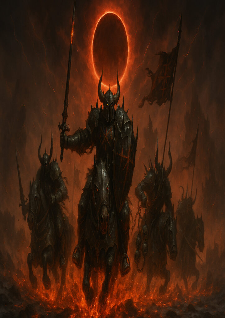 Epic warhammer inspired chaos warriors battlefield scene