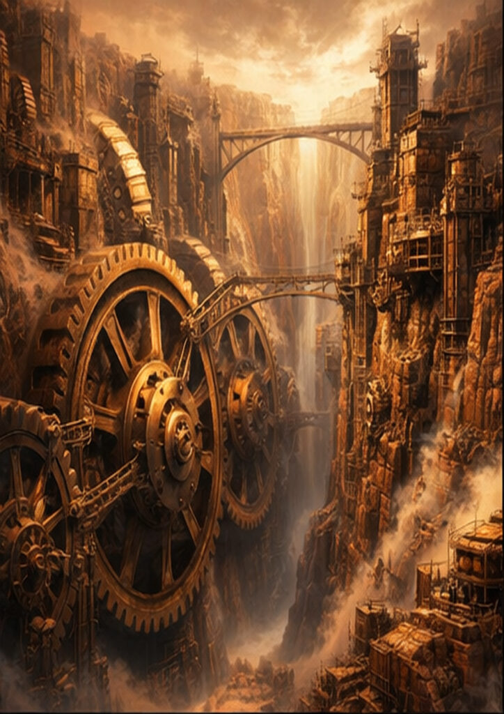 Atmospheric steampunk landscape illustration showing an expansive world driven by steam-powered innovation.