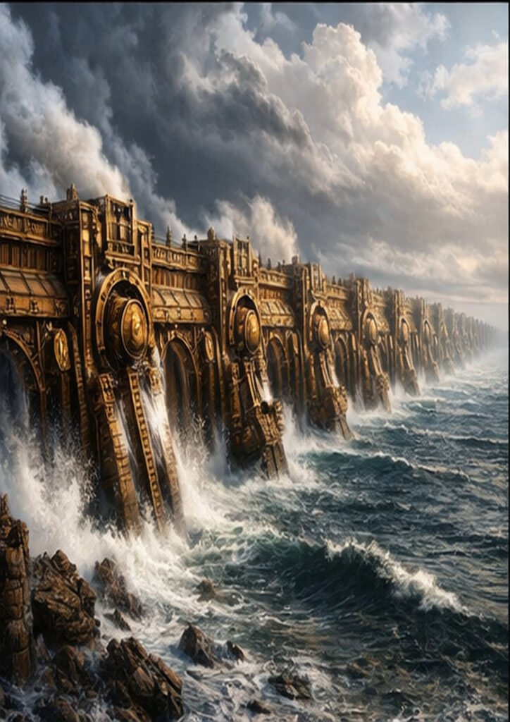 Atmospheric steampunk landscape illustration showing an expansive world driven by steam-powered innovation.