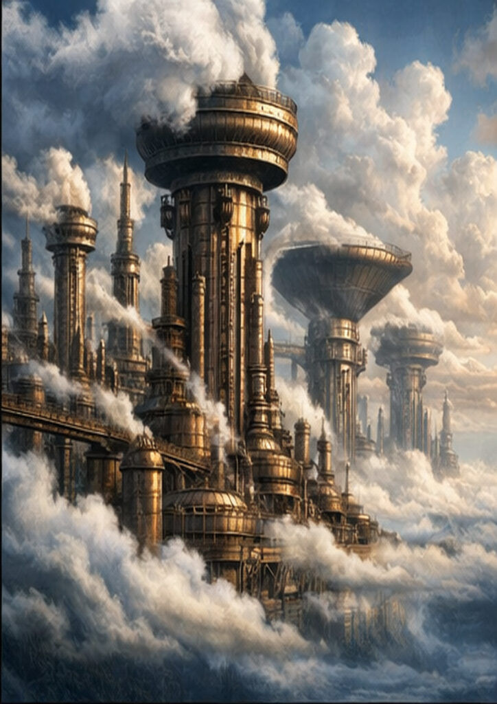 Steampunk landscape artwork presenting an imaginative mechanical environment inspired by industrial aesthetics.