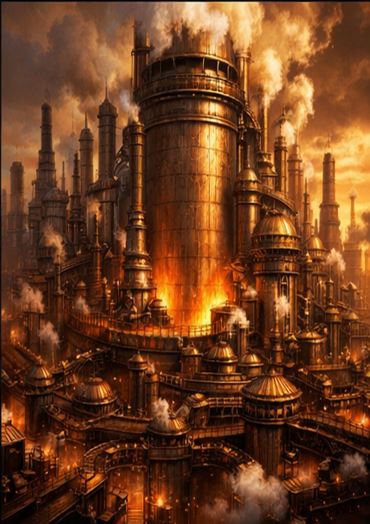 Steampunk landscape artwork presenting an imaginative mechanical environment inspired by industrial aesthetics.