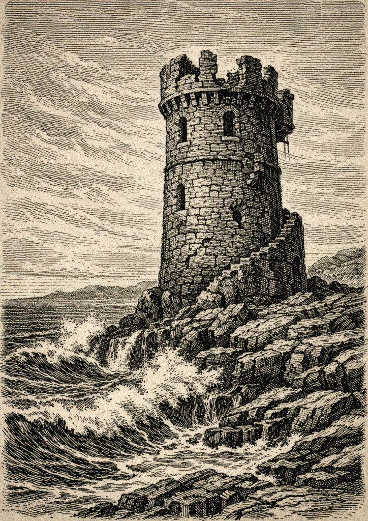 ruins landscape sketch illustration with ruined city