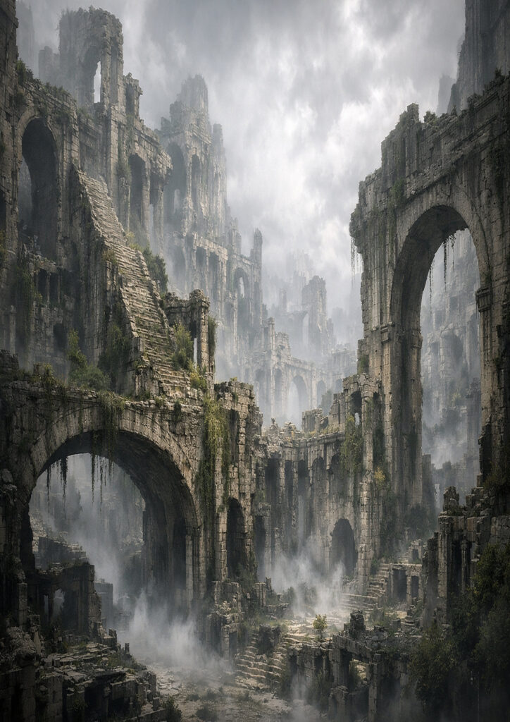 photorealistic ruins landscape with abandoned structures