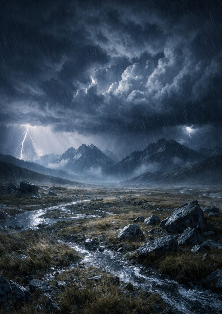 storm landscape with lightning and dramatic sky