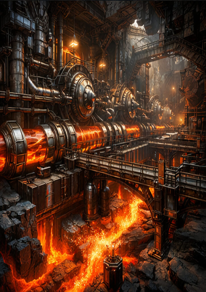 Steampunk landscape artwork presenting an imaginative mechanical environment inspired by industrial aesthetics.