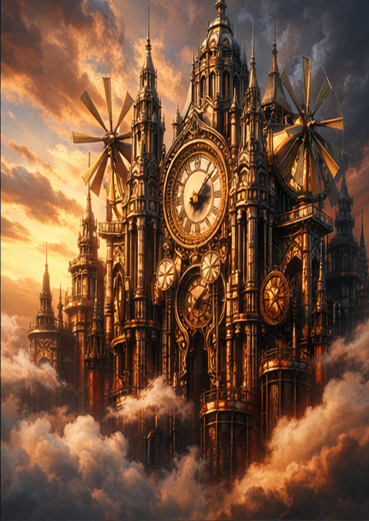 Steampunk landscape artwork presenting an imaginative mechanical environment inspired by industrial aesthetics.