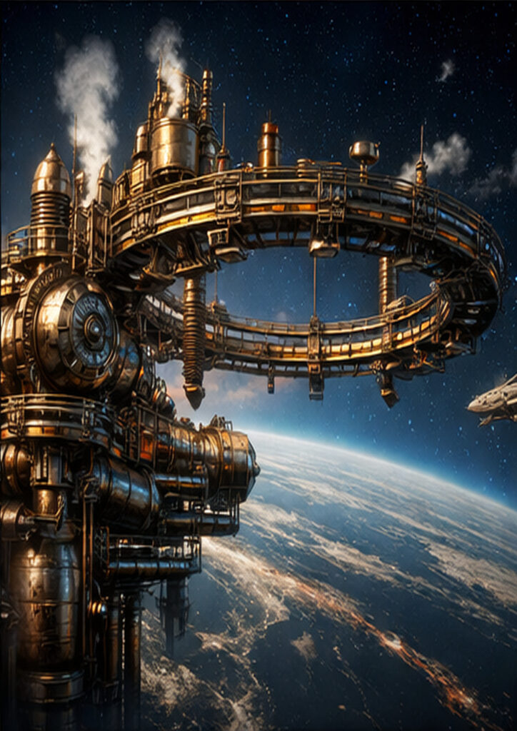 Retro-industrial steampunk landscape illustration depicting a world shaped by gears and steam technology.
