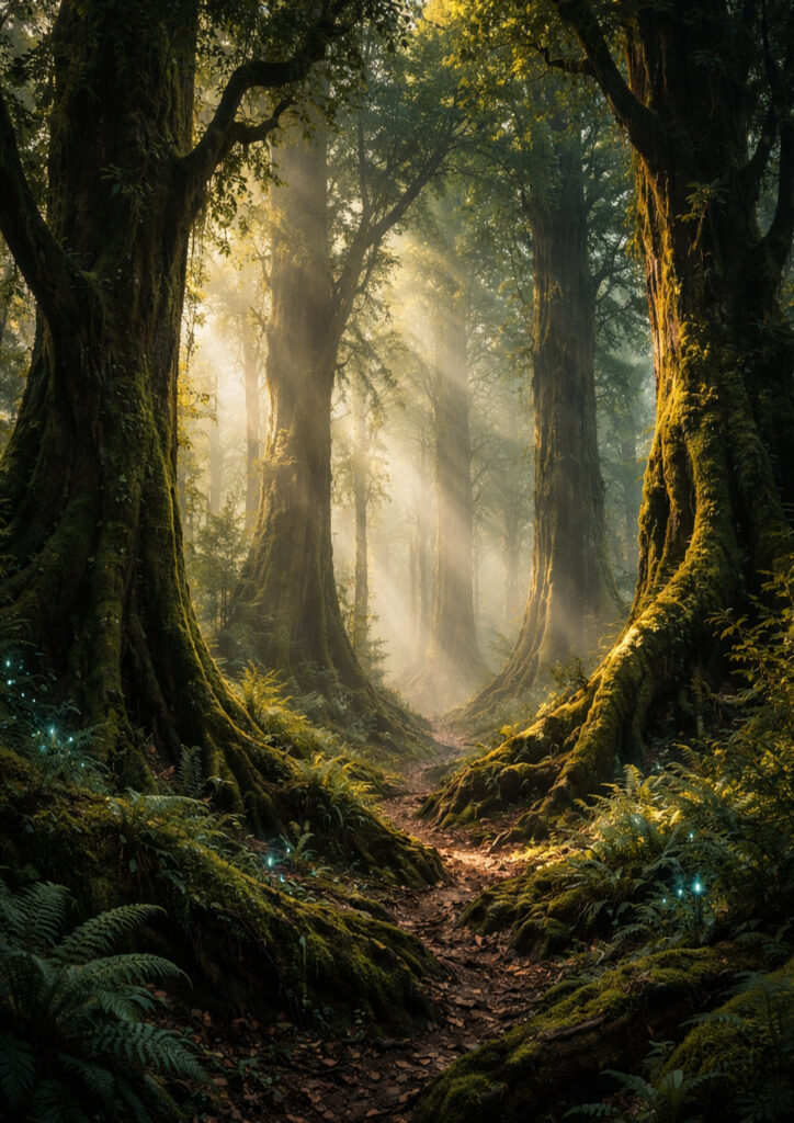 forest landscape artwork with dense trees and atmosphere