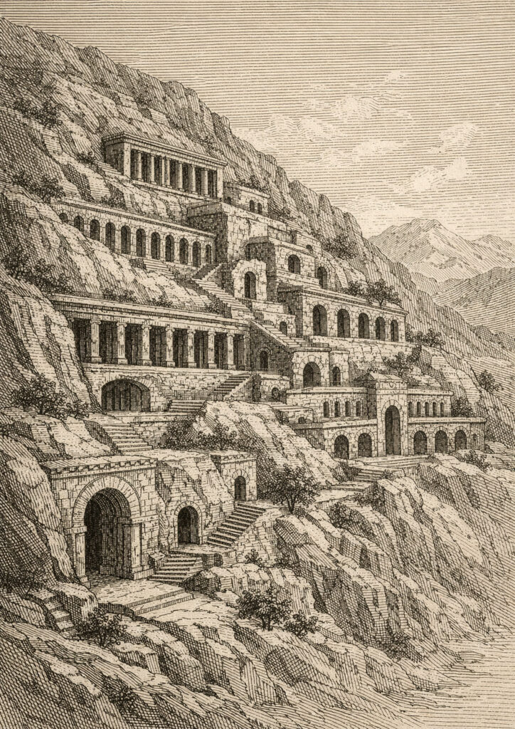 ruins landscape sketch illustration with ruined city