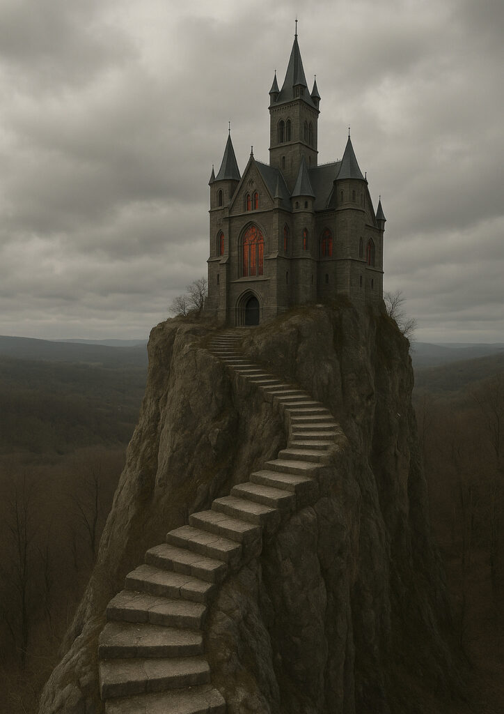 Photorealistic medieval fortress, realistic castle architecture, epic fantasy castle wall decor, high quality print