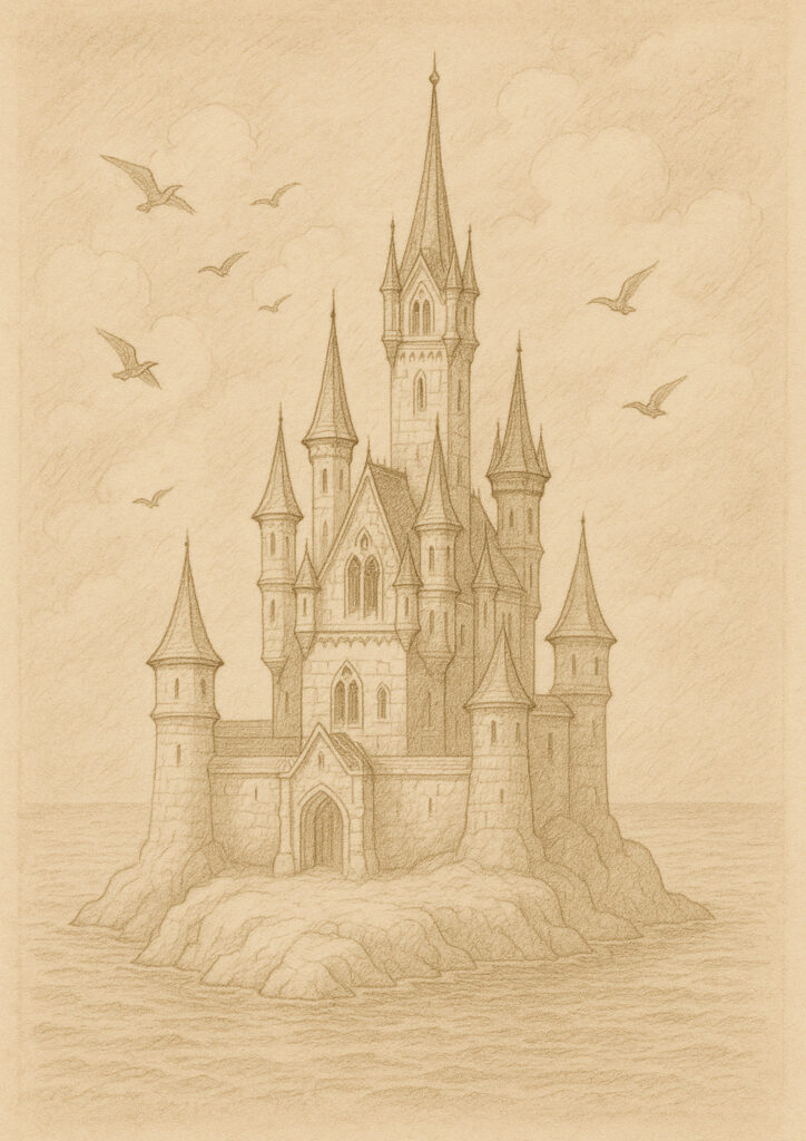Fantasy castle sepia sketch artwork, architectural drawing style, vintage medieval castle illustration