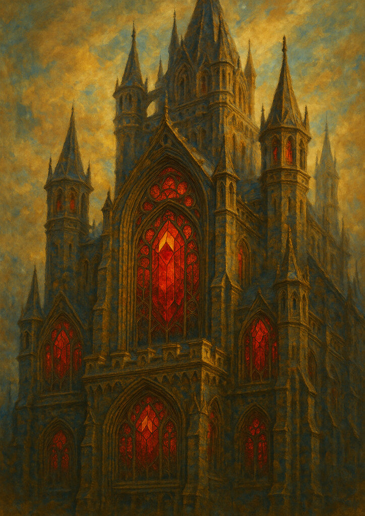 Fantasy castle painterly illustration, hand-painted look, artistic medieval fortress wall decor