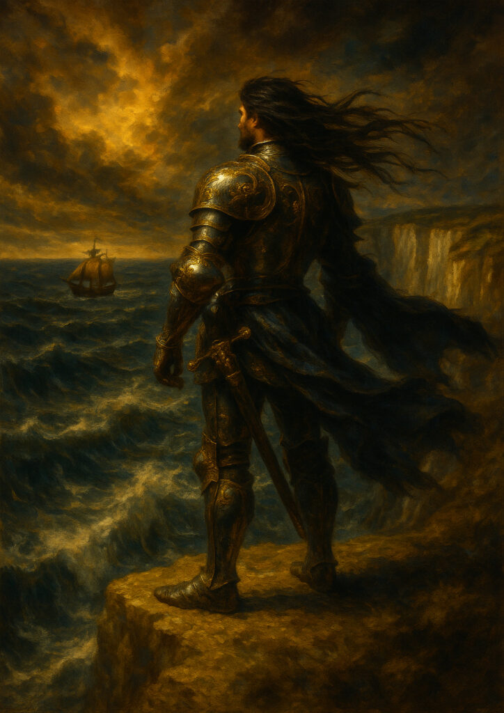 Epic fantasy knight character in heavy armor, detailed medieval armor design, high quality digital wall art