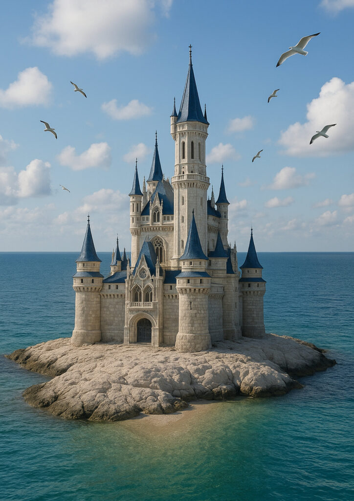 Medieval fantasy castle illustration, majestic stone fortress, classic fantasy architecture, wall art printable