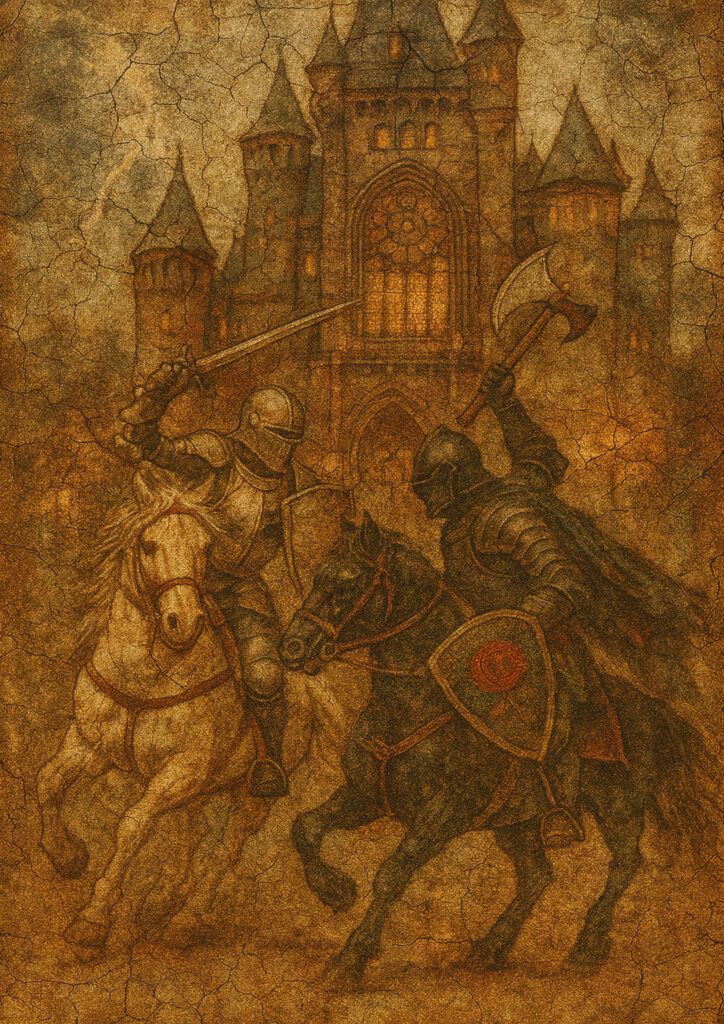 Fantasy knight fresco art, medieval wall painting style, antique plaster texture, traditional knight illustration