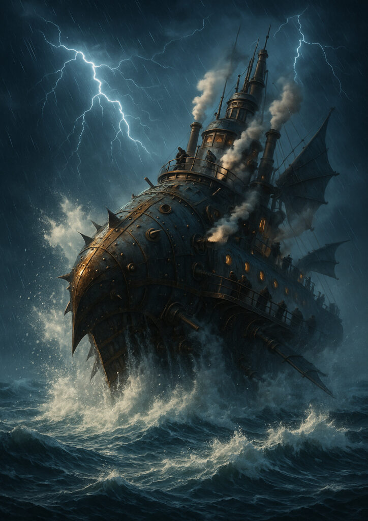 Steampunk vehicle illustration portraying an imaginative mechanical vehicle from an alternate industrial era.