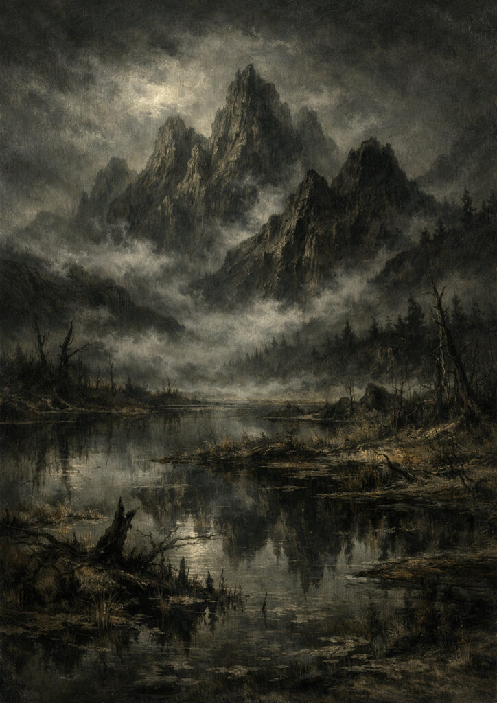 mountain landscape illustration with dramatic lighting