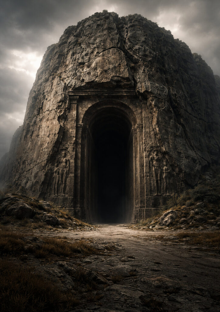 photorealistic ruins landscape showing weathered stone