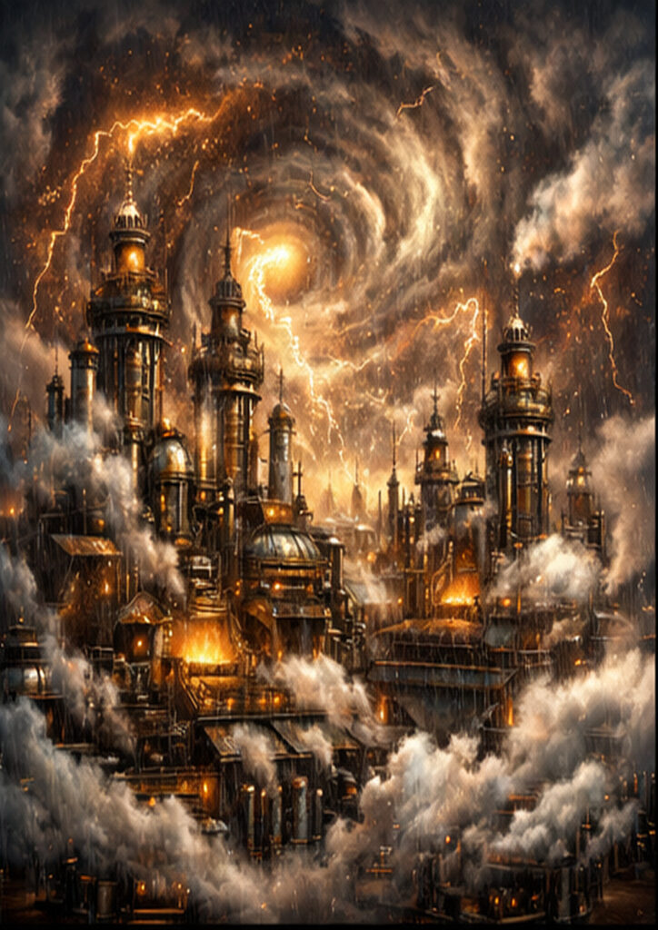 Retro-industrial steampunk landscape illustration depicting a world shaped by gears and steam technology.