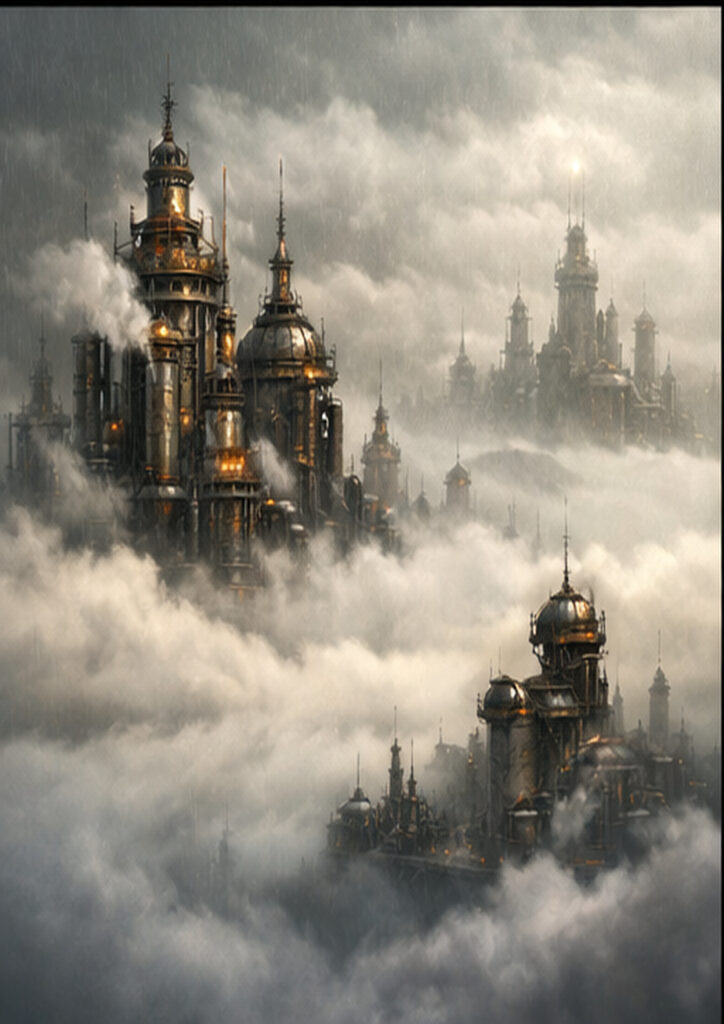 Retro-industrial steampunk landscape illustration depicting a world shaped by gears and steam technology.