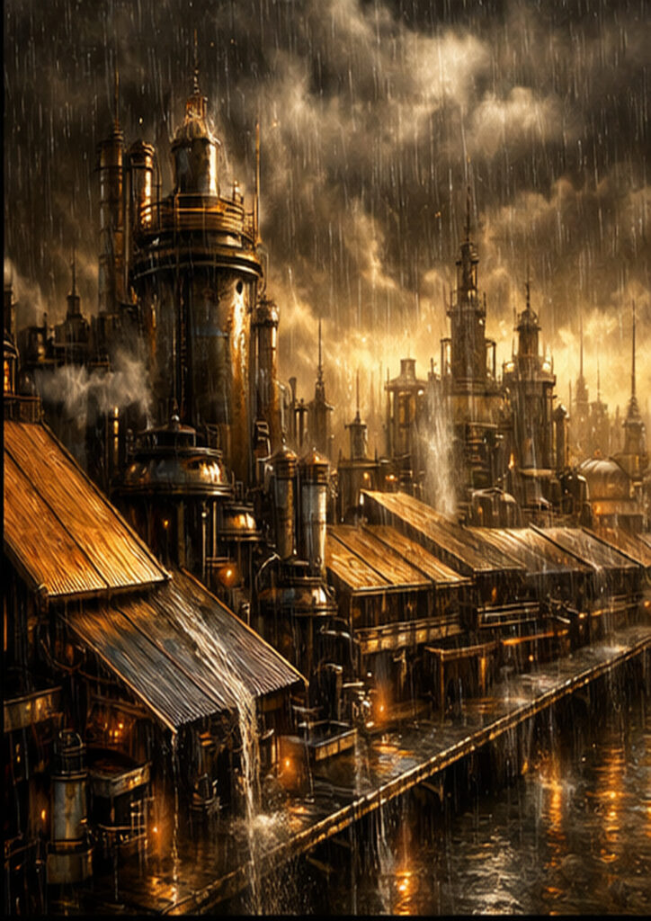 Steampunk landscape artwork focused on large-scale machinery, pipes, and steam-filled industrial environments.