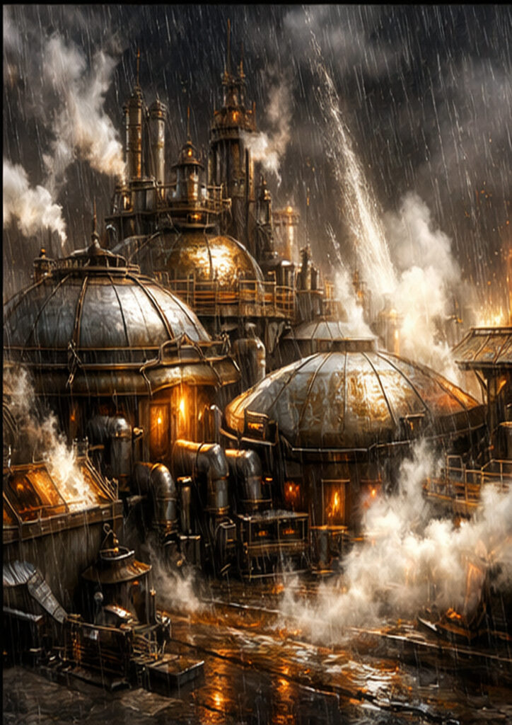Steampunk landscape artwork focused on large-scale machinery, pipes, and steam-filled industrial environments.