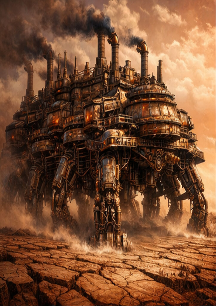 Steampunk vehicle design showing a retro-futuristic machine driven by steam-powered technology.