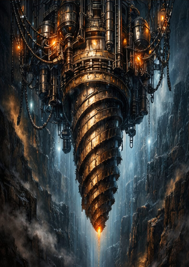 Illustration of a steampunk vehicle built from brass, steel components, and complex mechanical mechanisms.