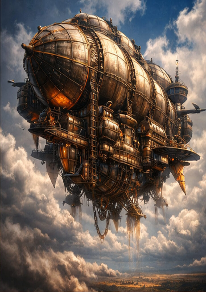 Illustration of a steampunk vehicle built from brass, steel components, and complex mechanical mechanisms.