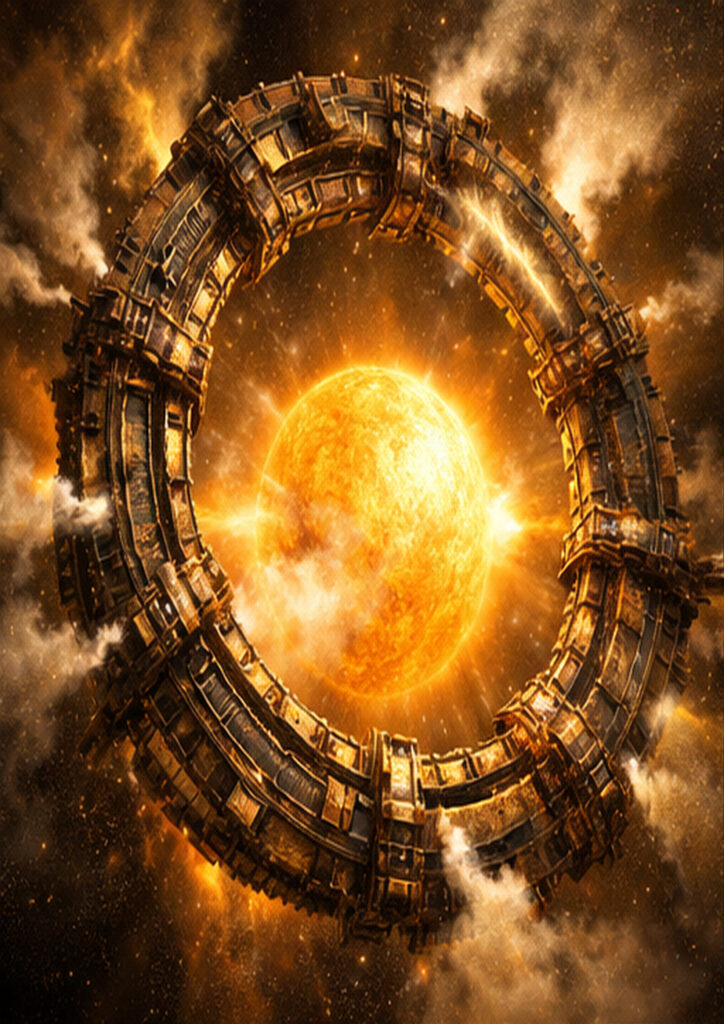 Retro-industrial steampunk landscape illustration depicting a world shaped by gears and steam technology.