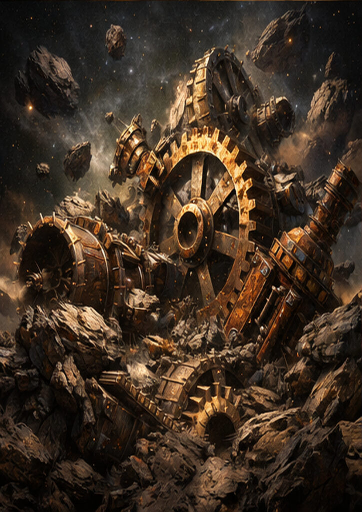 Retro-industrial steampunk landscape illustration depicting a world shaped by gears and steam technology.