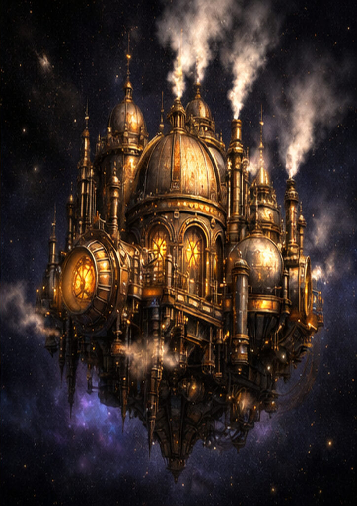 Steampunk landscape illustration portraying an alternate world dominated by steam engines and metal structures.