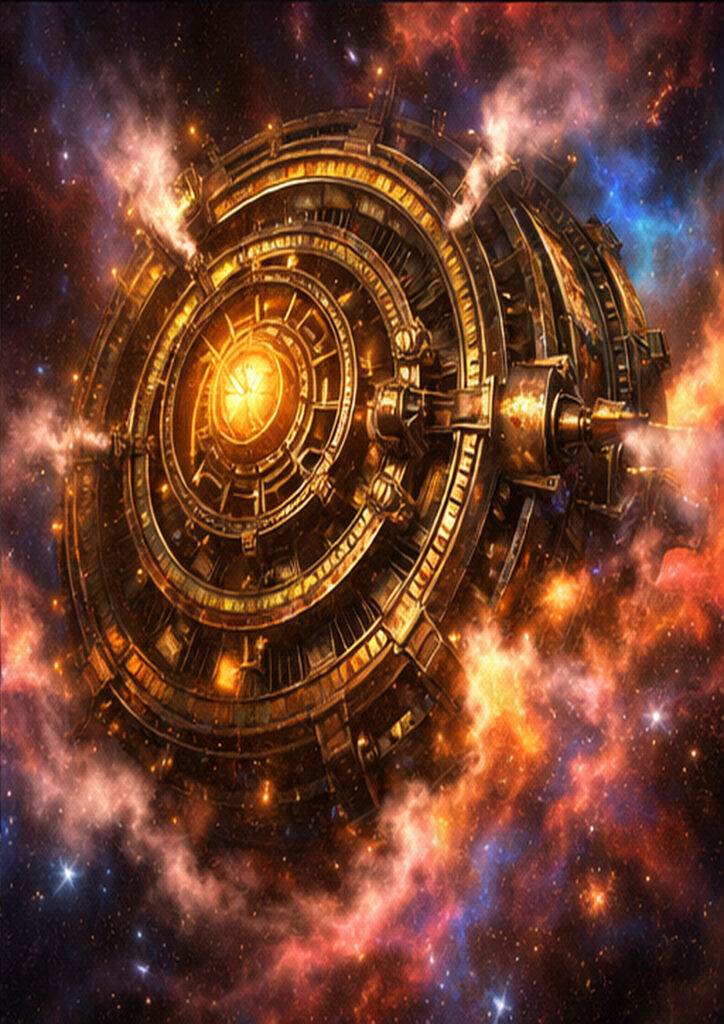 Steampunk landscape illustration portraying an alternate world dominated by steam engines and metal structures.