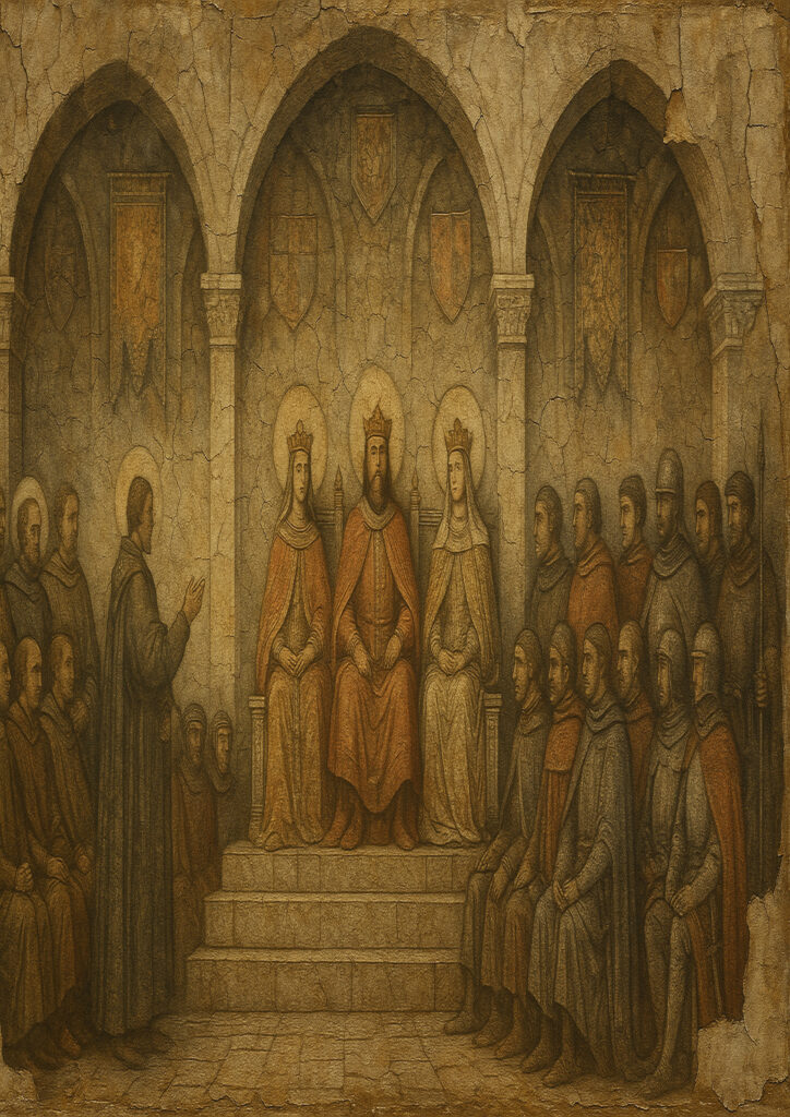 Historic medieval fresco illustration, aged pigments on plaster wall, classic church mural style artwork