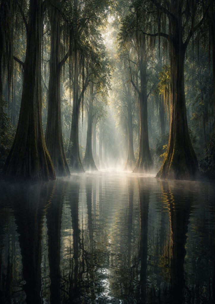 forest landscape artwork with dense trees and atmosphere