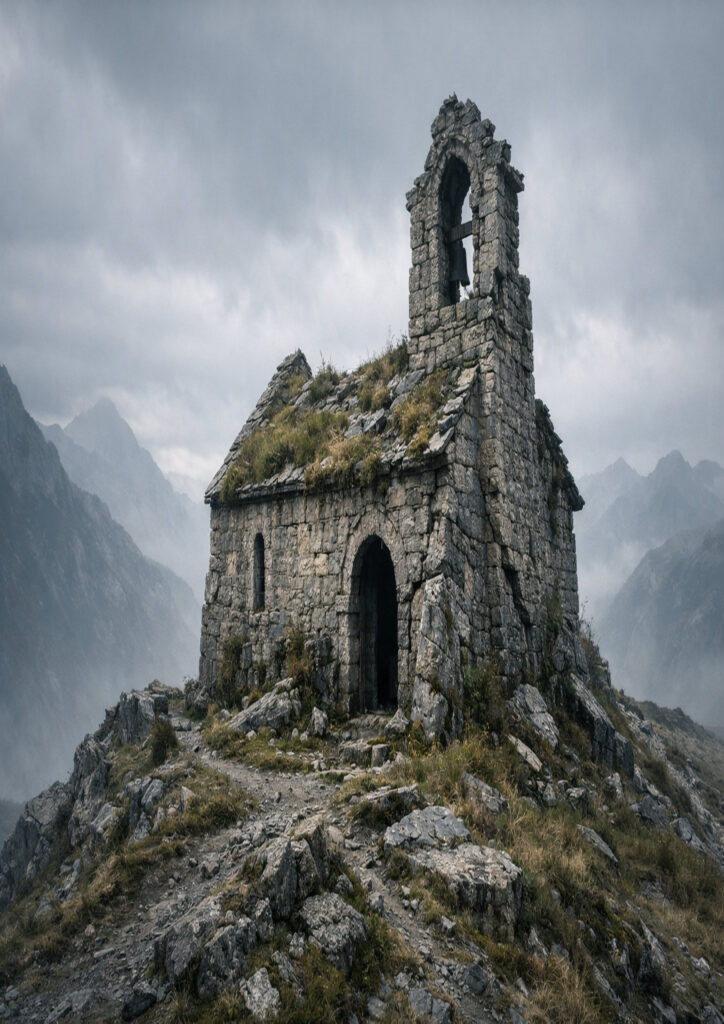 photorealistic ruins landscape with abandoned structures