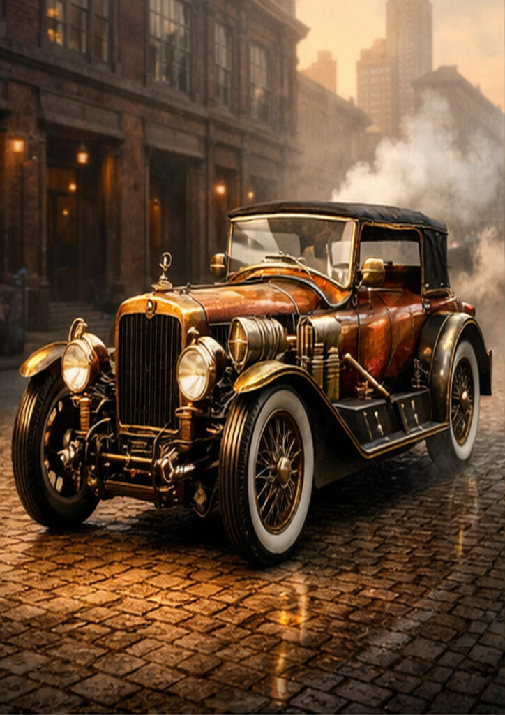 Illustration of a steampunk vehicle built from brass, steel components, and complex mechanical mechanisms.