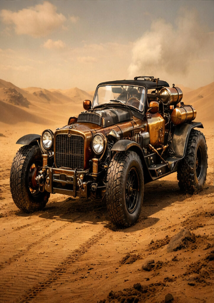 Illustration of a steampunk vehicle built from brass, steel components, and complex mechanical mechanisms.